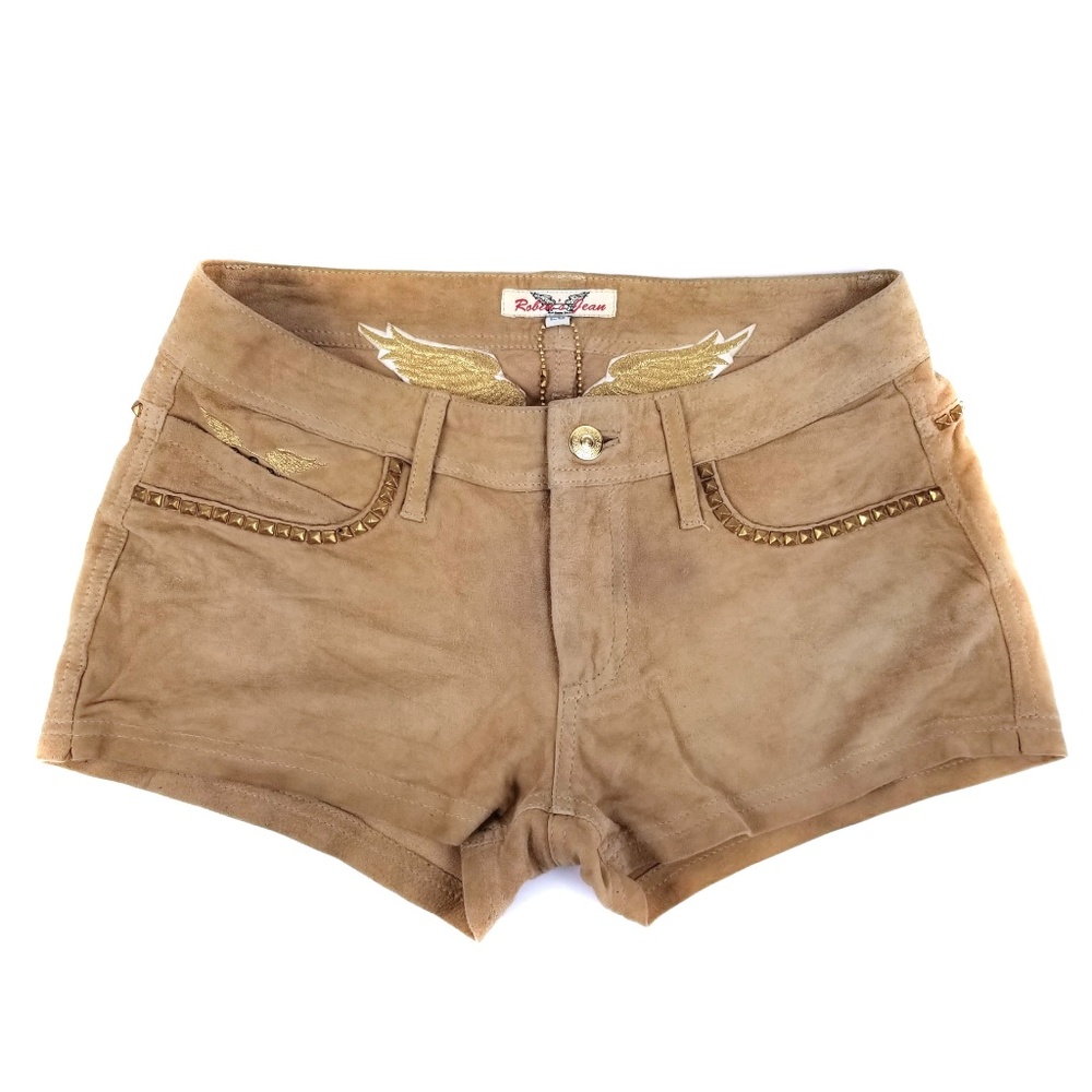 Robin's Jean Midrise Genuine Suede Tan Gold Shorts